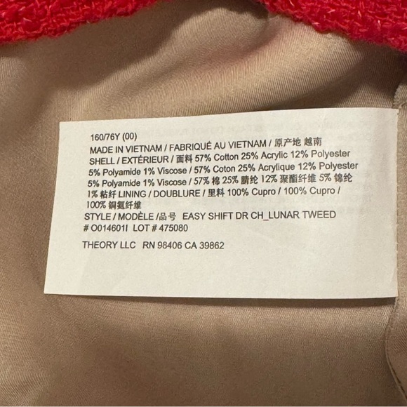 ❤️NWT Theory Lunar Red Tweed Shift Dress Mini Size 00 XS Sleeveless Knee Length - Picture 4 of 8